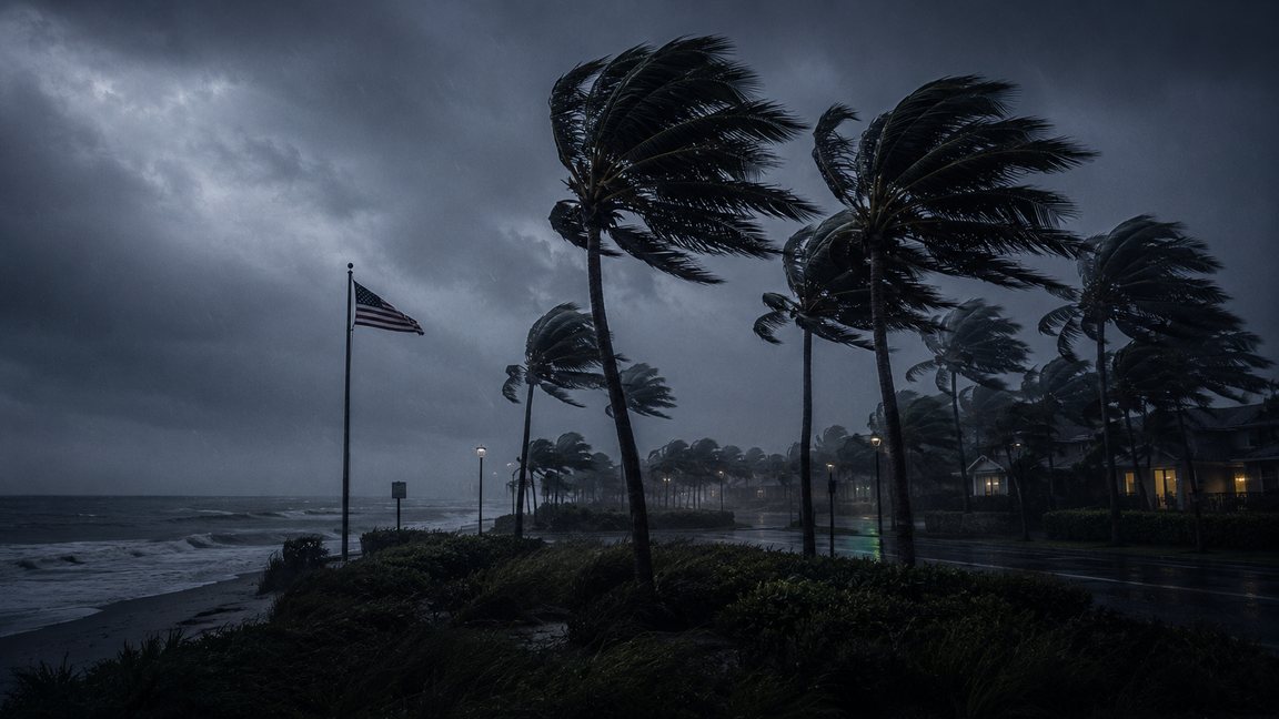 Palms bending in tropical-storm winds along a Northeast Florida shoreline at dusk