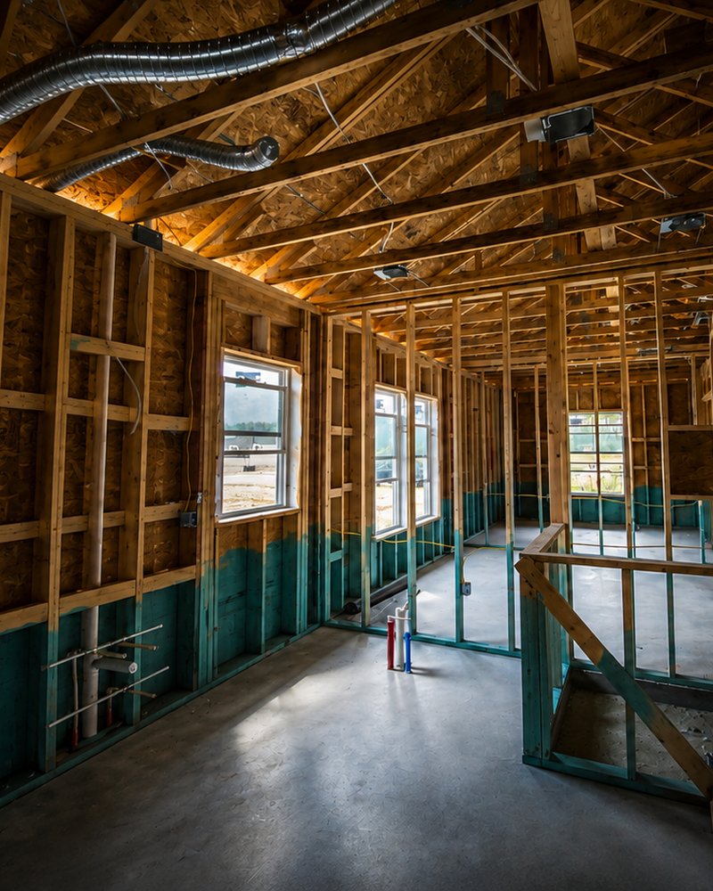 Framing, ductwork, and rough-in visible during a new-construction phase inspection