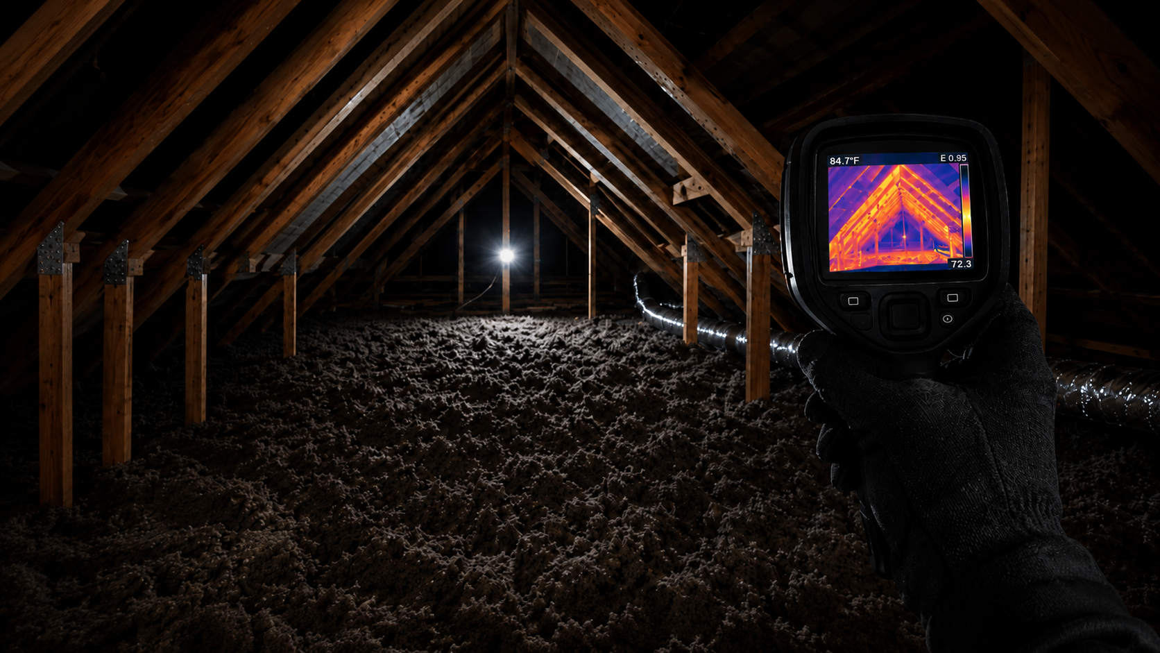 Infrared thermal camera scanning attic insulation and roof framing during a maintenance inspection